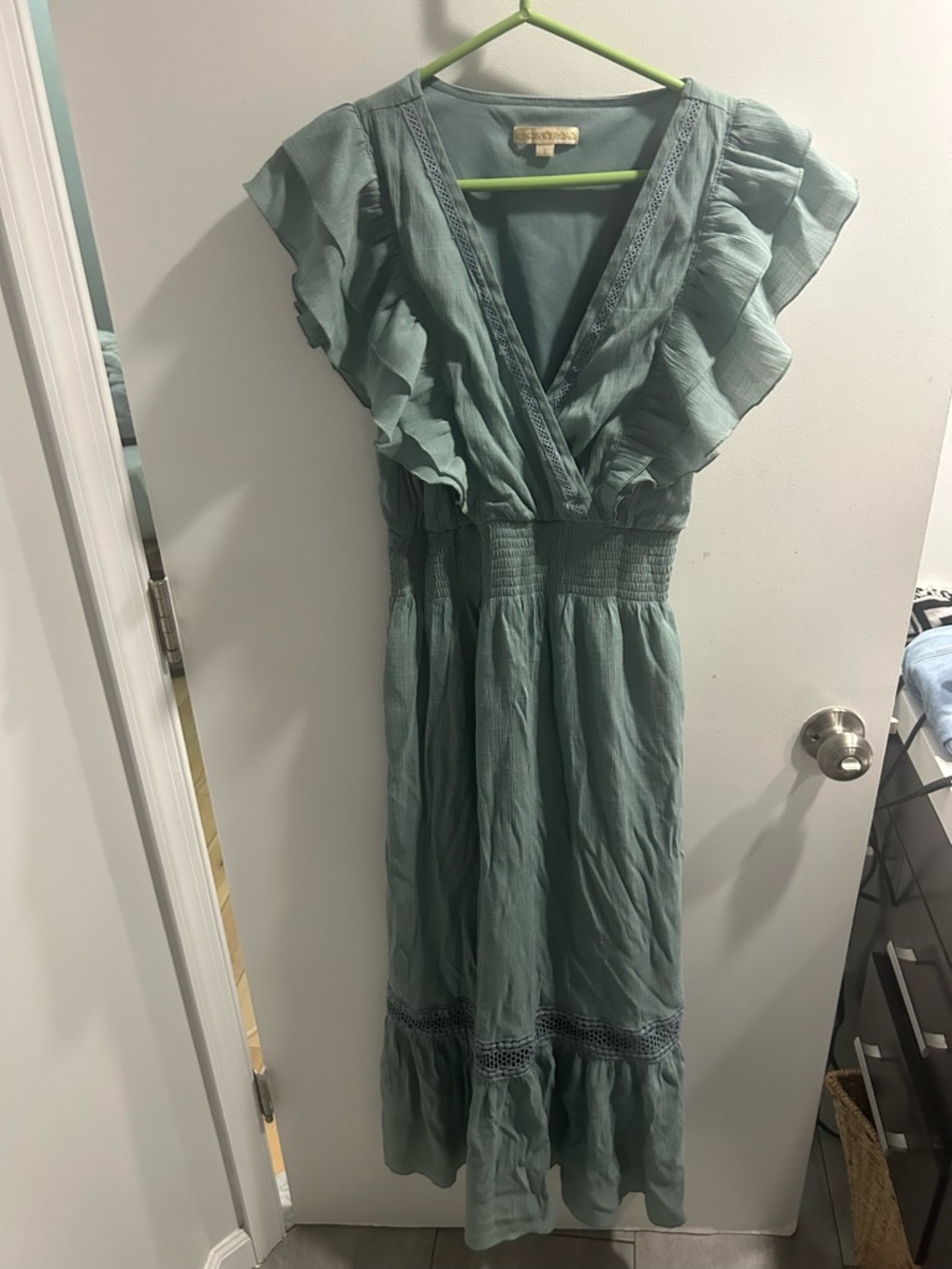 Smocked V-Neck Maxi Dress in Sage Green with Ruffle Sleeves